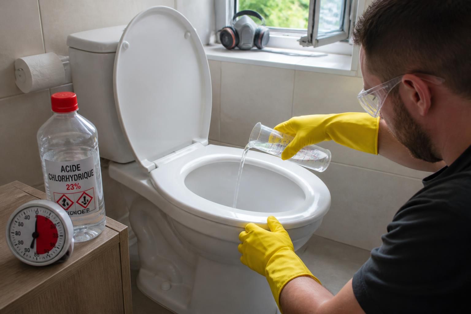 apprenez à déboucher vos wc avec de l'acide chlorhydrique en toute sécurité : découvrez le dosage recommandé, le temps de pose optimal et les précautions indispensables à respecter.